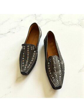 ROBERT ZUR Pewter Silver Metallic Leather Studded Flats Loafers Size 5.5